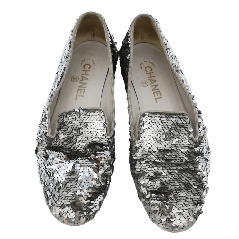 CHANEL Silver Sequin Loafers Estimated Size 7 - Picture 2 of 16